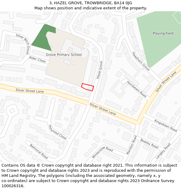 3, HAZEL GROVE, TROWBRIDGE, BA14 0JG: Location map and indicative extent of plot