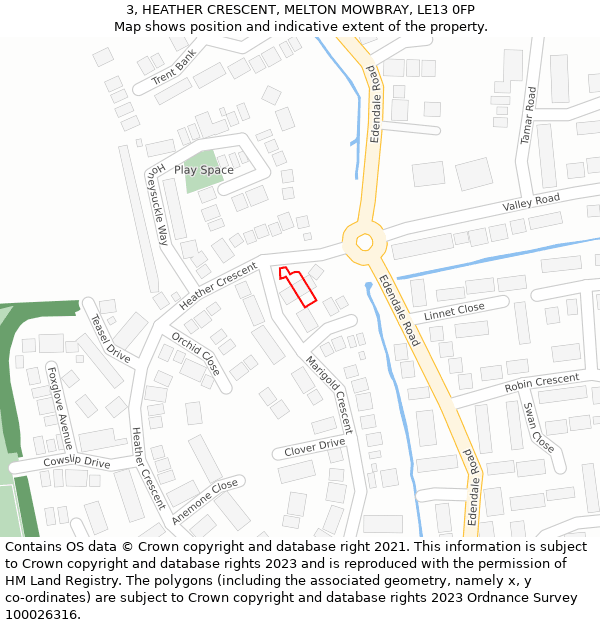 3, HEATHER CRESCENT, MELTON MOWBRAY, LE13 0FP: Location map and indicative extent of plot