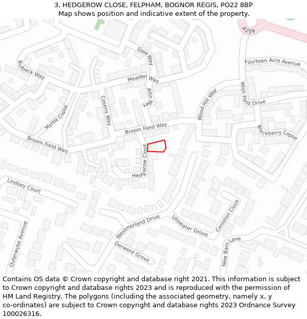 3, HEDGEROW CLOSE, FELPHAM, BOGNOR REGIS, PO22 8BP: Location map and indicative extent of plot