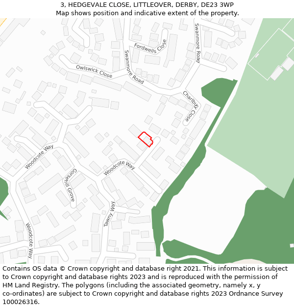 3, HEDGEVALE CLOSE, LITTLEOVER, DERBY, DE23 3WP: Location map and indicative extent of plot
