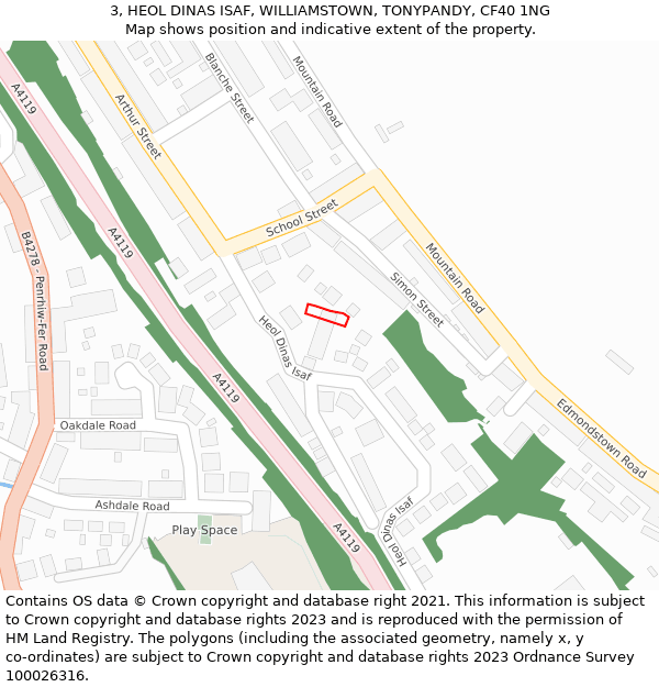 3, HEOL DINAS ISAF, WILLIAMSTOWN, TONYPANDY, CF40 1NG: Location map and indicative extent of plot