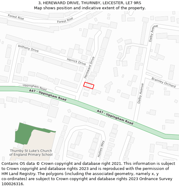 3, HEREWARD DRIVE, THURNBY, LEICESTER, LE7 9RS: Location map and indicative extent of plot