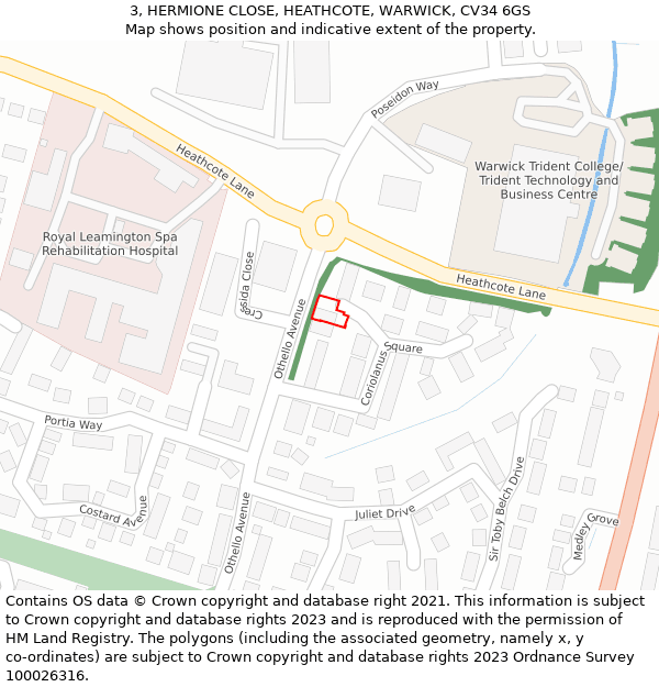 3, HERMIONE CLOSE, HEATHCOTE, WARWICK, CV34 6GS: Location map and indicative extent of plot