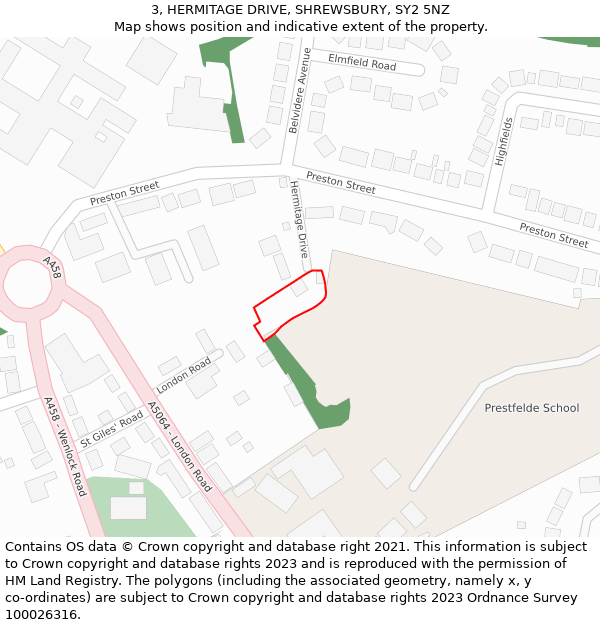 3, HERMITAGE DRIVE, SHREWSBURY, SY2 5NZ: Location map and indicative extent of plot