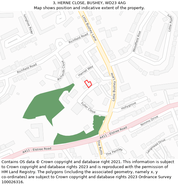3, HERNE CLOSE, BUSHEY, WD23 4AG: Location map and indicative extent of plot