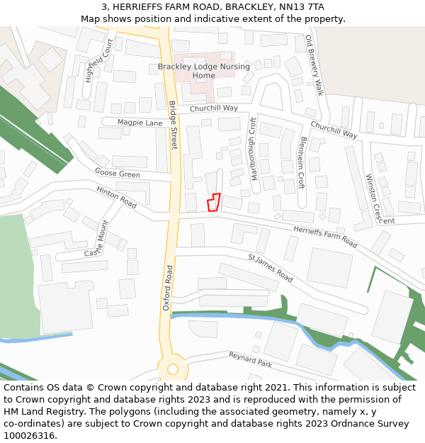 3, HERRIEFFS FARM ROAD, BRACKLEY, NN13 7TA: Location map and indicative extent of plot