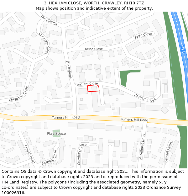 3, HEXHAM CLOSE, WORTH, CRAWLEY, RH10 7TZ: Location map and indicative extent of plot