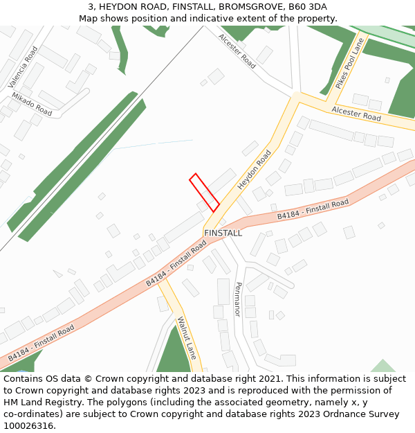 3, HEYDON ROAD, FINSTALL, BROMSGROVE, B60 3DA: Location map and indicative extent of plot