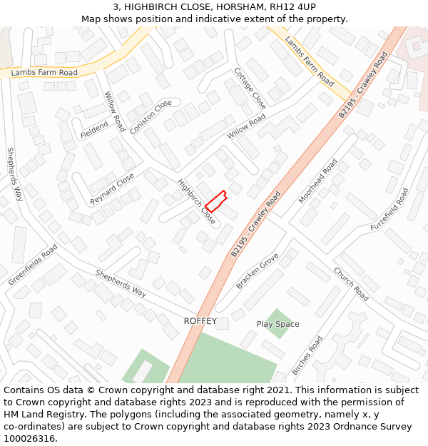 3, HIGHBIRCH CLOSE, HORSHAM, RH12 4UP: Location map and indicative extent of plot