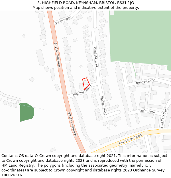 3, HIGHFIELD ROAD, KEYNSHAM, BRISTOL, BS31 1JG: Location map and indicative extent of plot