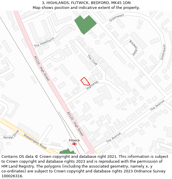 3, HIGHLANDS, FLITWICK, BEDFORD, MK45 1DN: Location map and indicative extent of plot