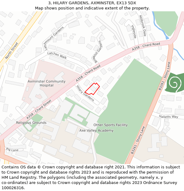 3, HILARY GARDENS, AXMINSTER, EX13 5DX: Location map and indicative extent of plot