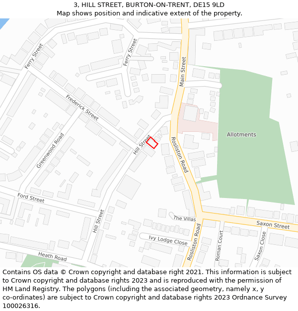 3, HILL STREET, BURTON-ON-TRENT, DE15 9LD: Location map and indicative extent of plot