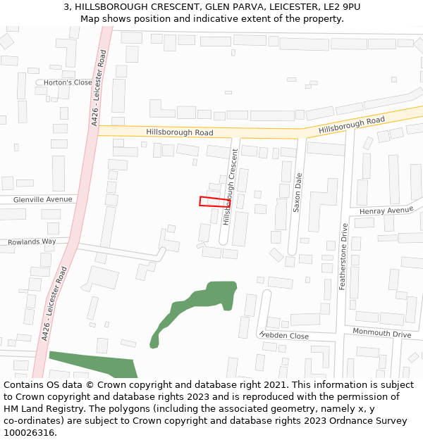 3, HILLSBOROUGH CRESCENT, GLEN PARVA, LEICESTER, LE2 9PU: Location map and indicative extent of plot