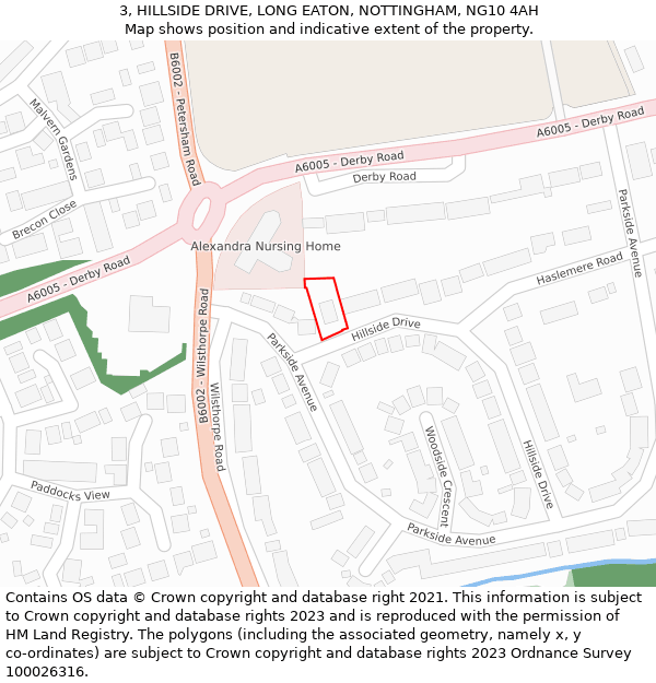 3, HILLSIDE DRIVE, LONG EATON, NOTTINGHAM, NG10 4AH: Location map and indicative extent of plot