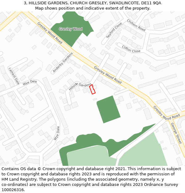 3, HILLSIDE GARDENS, CHURCH GRESLEY, SWADLINCOTE, DE11 9QA: Location map and indicative extent of plot