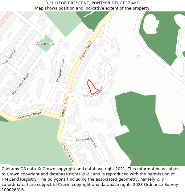 3, HILLTOP CRESCENT, PONTYPRIDD, CF37 4AD: Location map and indicative extent of plot