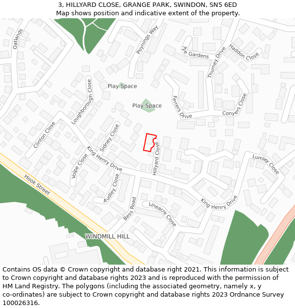 3, HILLYARD CLOSE, GRANGE PARK, SWINDON, SN5 6ED: Location map and indicative extent of plot