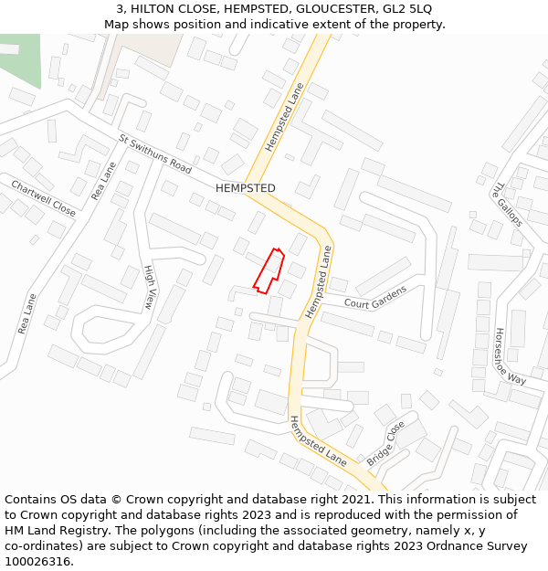 3, HILTON CLOSE, HEMPSTED, GLOUCESTER, GL2 5LQ: Location map and indicative extent of plot