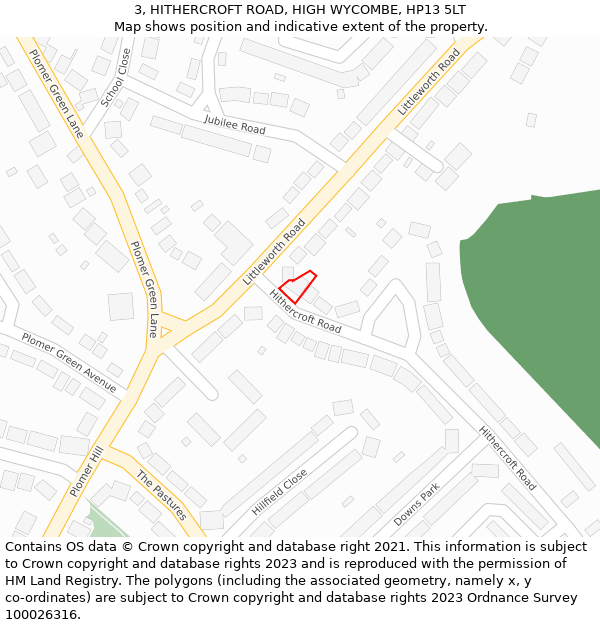 3, HITHERCROFT ROAD, HIGH WYCOMBE, HP13 5LT: Location map and indicative extent of plot