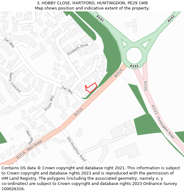 3, HOBBY CLOSE, HARTFORD, HUNTINGDON, PE29 1WB: Location map and indicative extent of plot