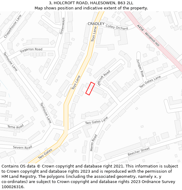 3, HOLCROFT ROAD, HALESOWEN, B63 2LL: Location map and indicative extent of plot