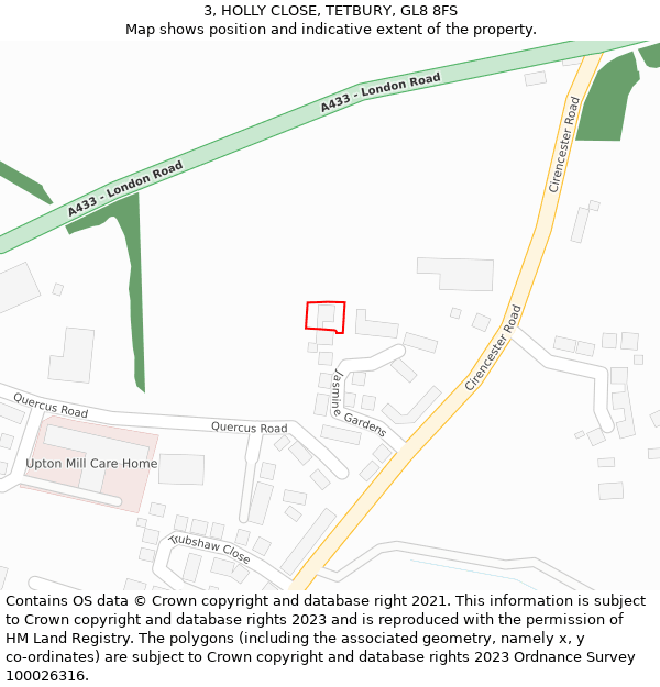 3, HOLLY CLOSE, TETBURY, GL8 8FS: Location map and indicative extent of plot