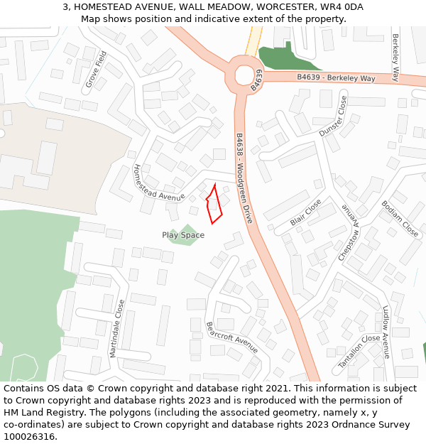 3, HOMESTEAD AVENUE, WALL MEADOW, WORCESTER, WR4 0DA: Location map and indicative extent of plot