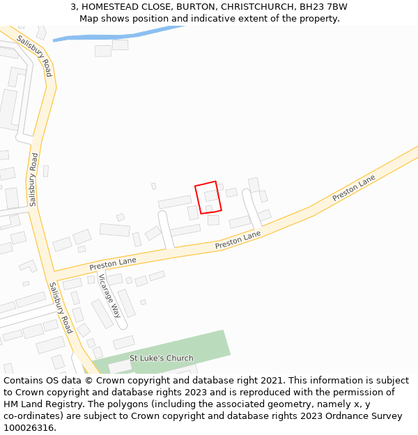 3, HOMESTEAD CLOSE, BURTON, CHRISTCHURCH, BH23 7BW: Location map and indicative extent of plot