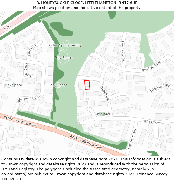 3, HONEYSUCKLE CLOSE, LITTLEHAMPTON, BN17 6UR: Location map and indicative extent of plot
