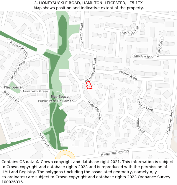 3, HONEYSUCKLE ROAD, HAMILTON, LEICESTER, LE5 1TX: Location map and indicative extent of plot