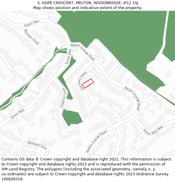 3, HOPE CRESCENT, MELTON, WOODBRIDGE, IP12 1SJ: Location map and indicative extent of plot