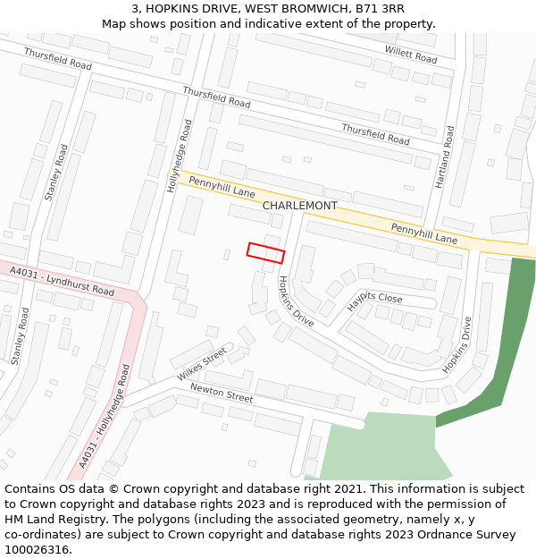 3, HOPKINS DRIVE, WEST BROMWICH, B71 3RR: Location map and indicative extent of plot