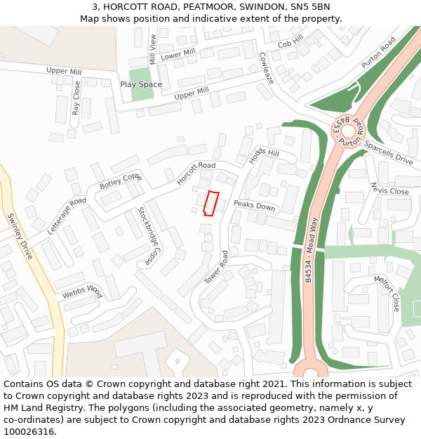 3, HORCOTT ROAD, PEATMOOR, SWINDON, SN5 5BN: Location map and indicative extent of plot