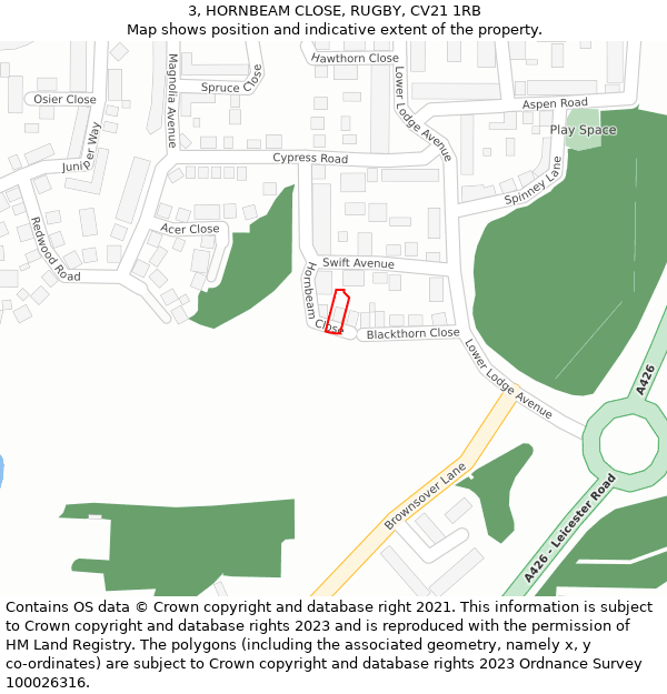 3, HORNBEAM CLOSE, RUGBY, CV21 1RB: Location map and indicative extent of plot