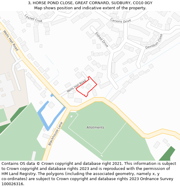 3, HORSE POND CLOSE, GREAT CORNARD, SUDBURY, CO10 0GY: Location map and indicative extent of plot