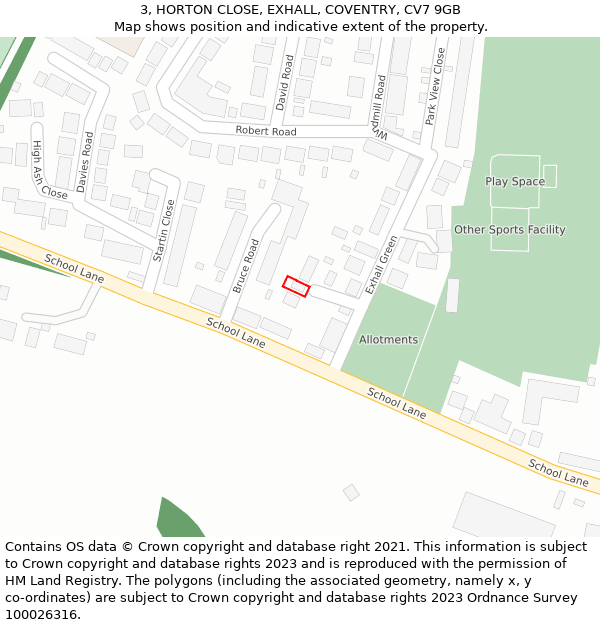 3, HORTON CLOSE, EXHALL, COVENTRY, CV7 9GB: Location map and indicative extent of plot