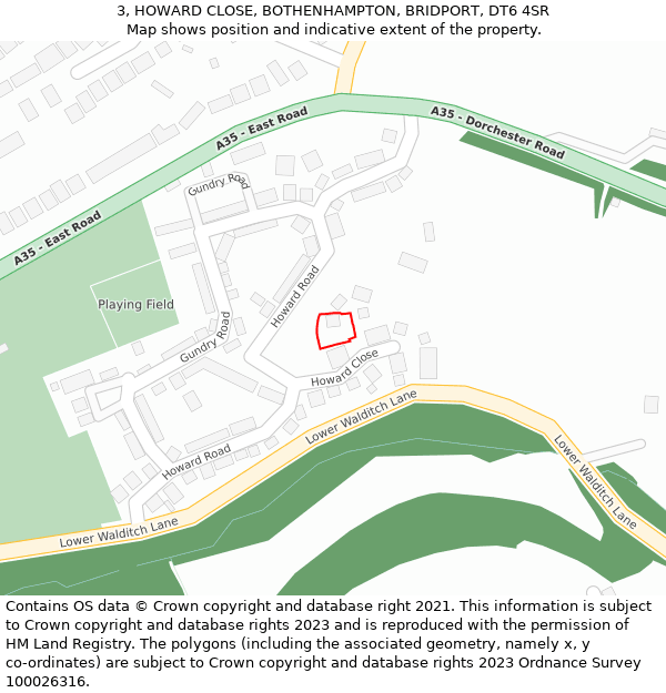 3, HOWARD CLOSE, BOTHENHAMPTON, BRIDPORT, DT6 4SR: Location map and indicative extent of plot