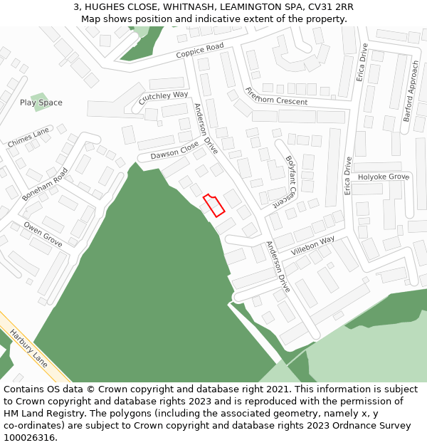 3, HUGHES CLOSE, WHITNASH, LEAMINGTON SPA, CV31 2RR: Location map and indicative extent of plot