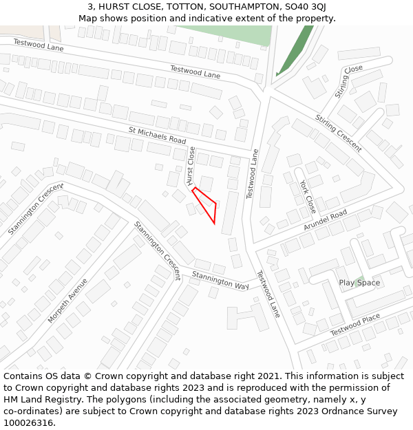 3, HURST CLOSE, TOTTON, SOUTHAMPTON, SO40 3QJ: Location map and indicative extent of plot