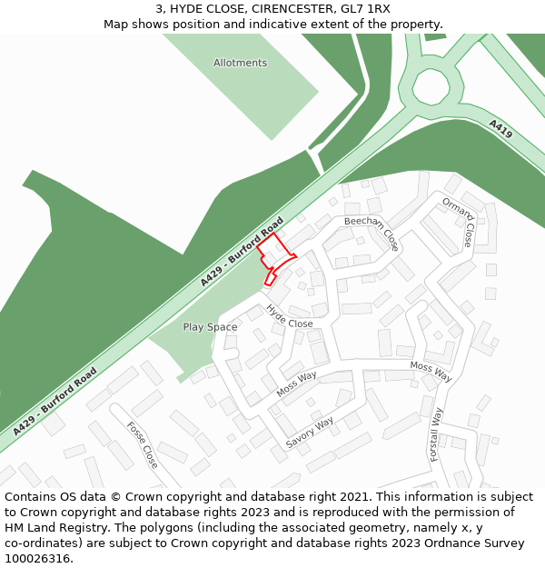 3, HYDE CLOSE, CIRENCESTER, GL7 1RX: Location map and indicative extent of plot