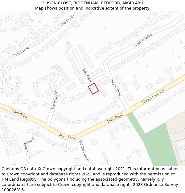 3, ISON CLOSE, BIDDENHAM, BEDFORD, MK40 4BH: Location map and indicative extent of plot