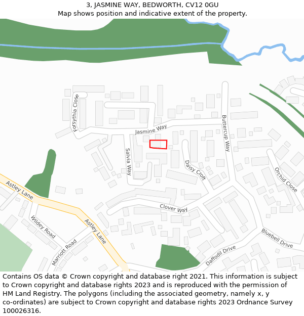 3, JASMINE WAY, BEDWORTH, CV12 0GU: Location map and indicative extent of plot