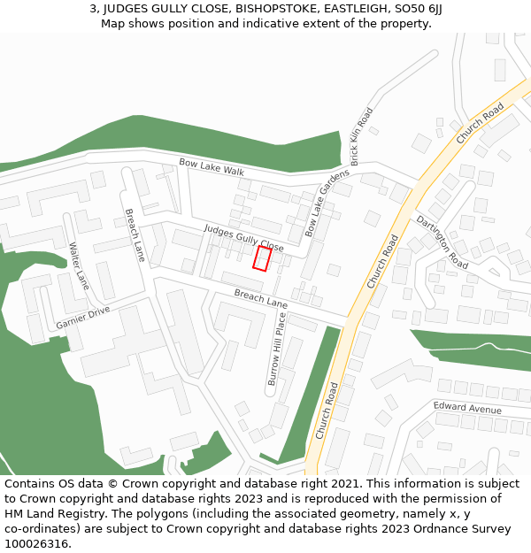 3, JUDGES GULLY CLOSE, BISHOPSTOKE, EASTLEIGH, SO50 6JJ: Location map and indicative extent of plot