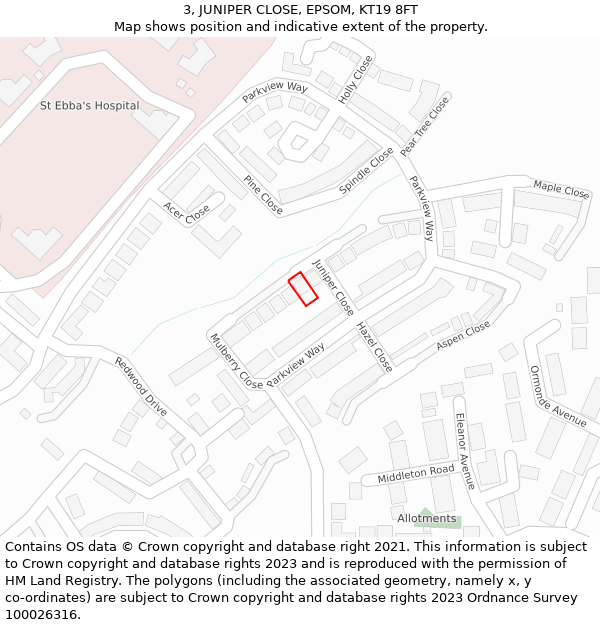 3, JUNIPER CLOSE, EPSOM, KT19 8FT: Location map and indicative extent of plot