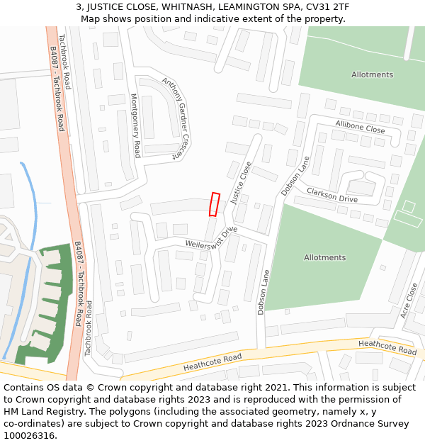 3, JUSTICE CLOSE, WHITNASH, LEAMINGTON SPA, CV31 2TF: Location map and indicative extent of plot