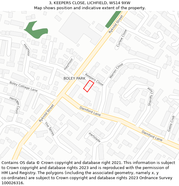 3, KEEPERS CLOSE, LICHFIELD, WS14 9XW: Location map and indicative extent of plot