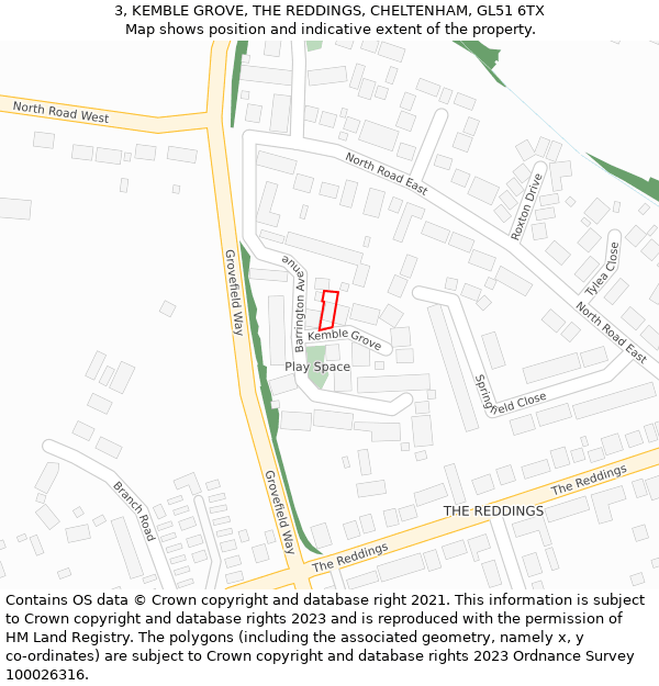 3, KEMBLE GROVE, THE REDDINGS, CHELTENHAM, GL51 6TX: Location map and indicative extent of plot