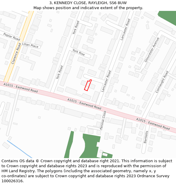 3, KENNEDY CLOSE, RAYLEIGH, SS6 8UW: Location map and indicative extent of plot