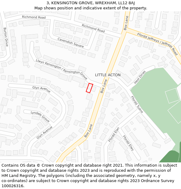 3, KENSINGTON GROVE, WREXHAM, LL12 8AJ: Location map and indicative extent of plot